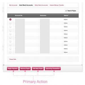 Payee list for fund transfer on Axis Bank