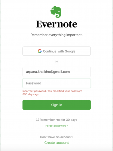 Good error message – Login page: Evernote